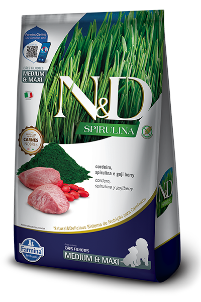 Embalagem de N&D Spirulina canine Cordeiro, Spirulina e Goji Berry Puppy Medium & Maxi