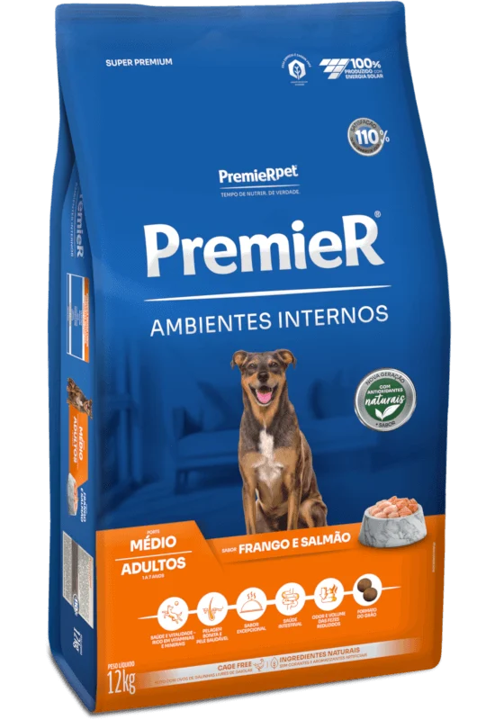Embalagem de PremieR Ambientes Internos Cães Adultos Porte Médio Frango e Salmão