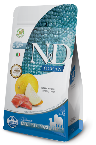 Embalagem de N&D Ocean Canine Salmão e Melão Adult Medium & Maxi