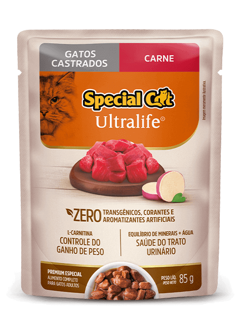 Embalagem de Special Cat Ultralife Gatos Castrados Sabor Carne (Sachê)