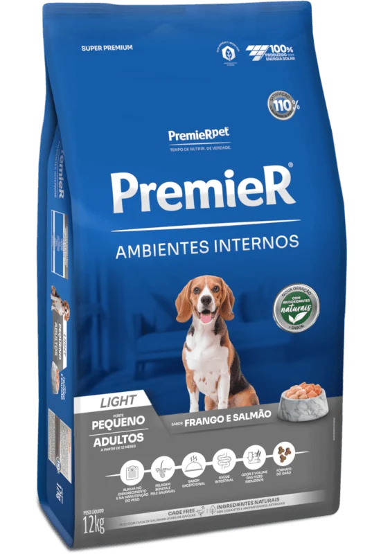 Embalagem de PremieR Ambientes Internos Cães Adultos Porte Pequeno Frango e Salmão Light