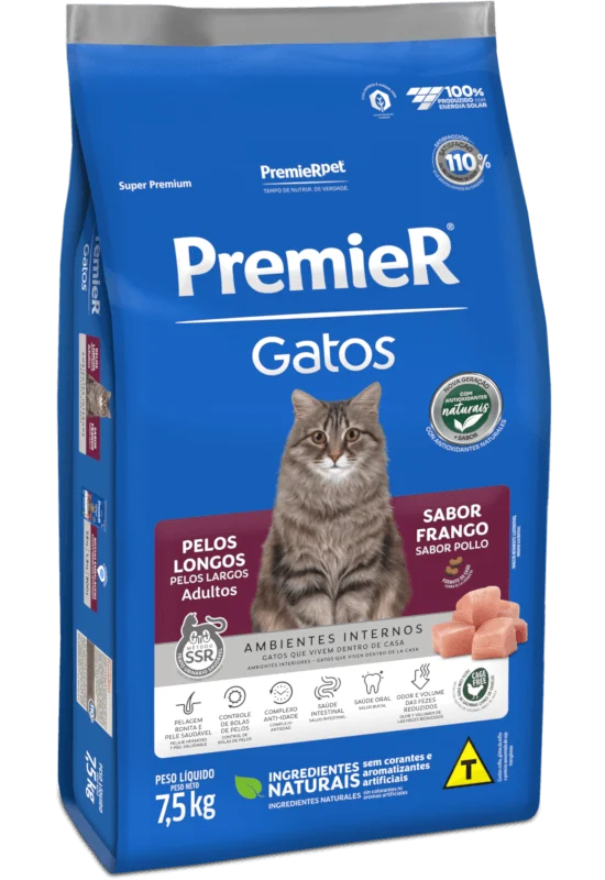 Embalagem de PremieR Gatos Pelos Longos Adultos Frango