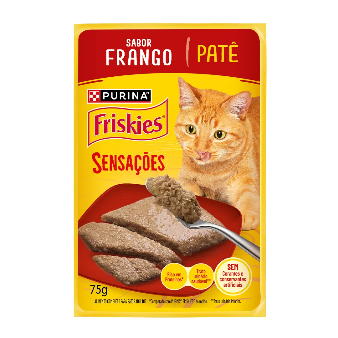 Embalagem de Purina Friskies Patê Sensações para Gatos Adultos Frango