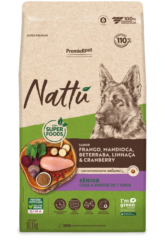 Embalagem de PremieR Nattu Cães Sênior Frango, Mandioca, Beterraba, Linhaça & Cranberry