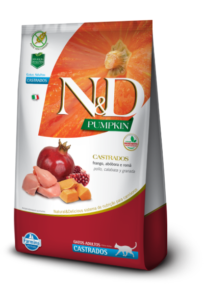 Embalagem de N&D Pumpkin Feline Frango, abóbora e Romã Castrados