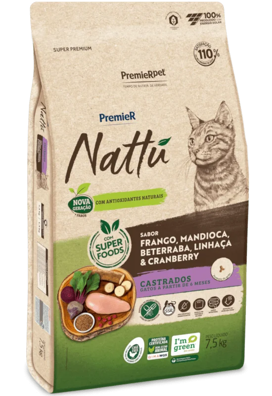 Embalagem de PremieR Nattu Gatos Castrados Frango, Mandioca, Beterraba, Linhaça & Cranberry