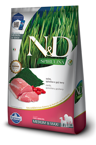 Embalagem de N&D Spirulina canine Suíno, Spirulina e Goji Berry Adult Medium & Maxi